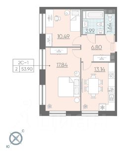 2-комн.апарт., 54 м², этаж 8